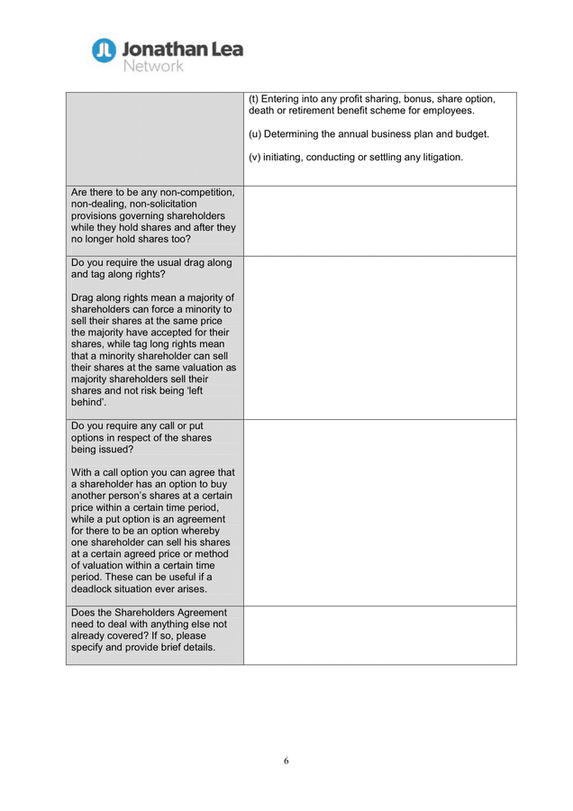 SHAREHOLDERS AGREEMENT QUESTIONNAIRE in Word and Pdf formats - page 6 of 6