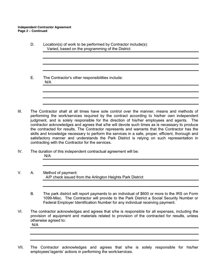 SAMPLE INDEPENDENT CONTRACTOR AGREEMENT in Word and Pdf formats - page ...