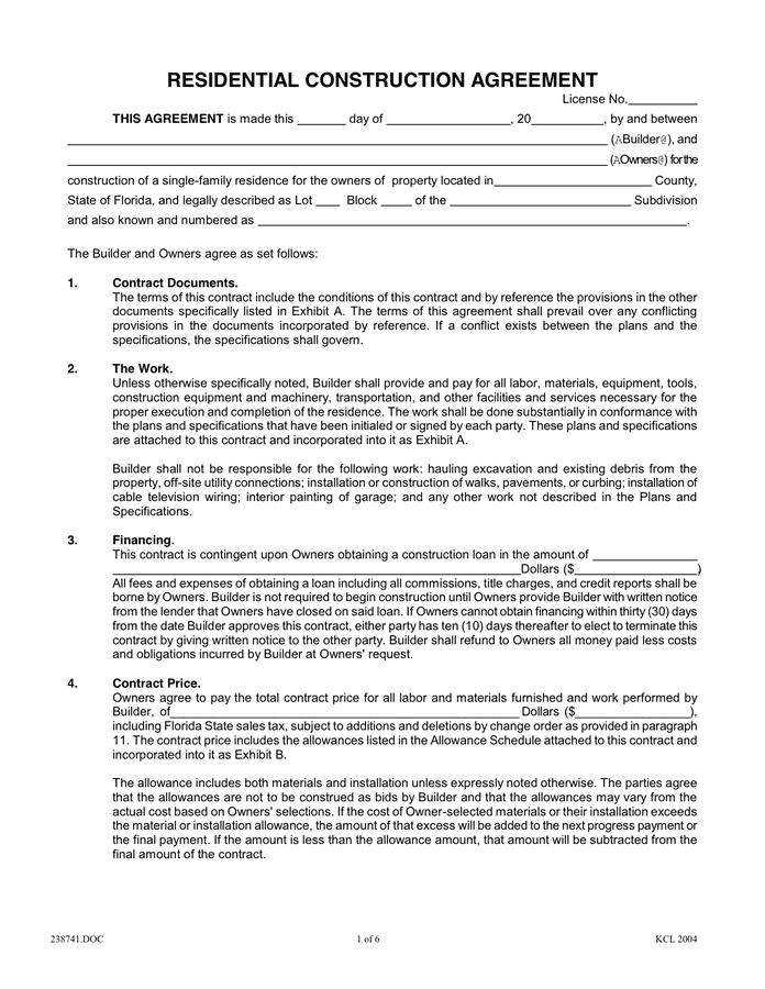 RESIDENTIAL CONSTRUCTION AGREEMENT In Word And Pdf Formats   Residential Construction Agreement 1 