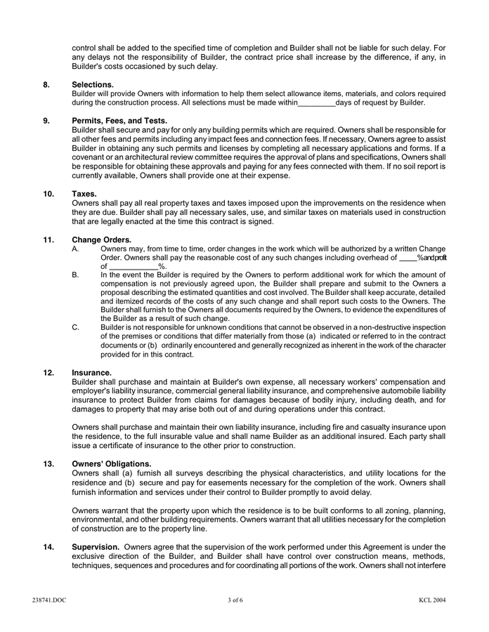 RESIDENTIAL CONSTRUCTION AGREEMENT in Word and Pdf formats - page 3 of 6