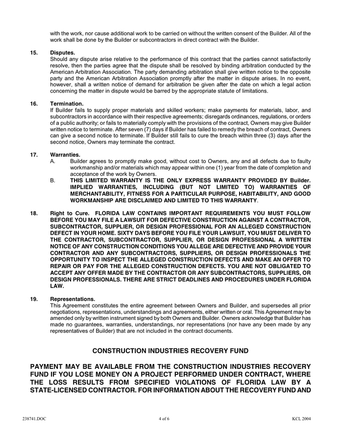 RESIDENTIAL CONSTRUCTION AGREEMENT in Word and Pdf formats - page 4 of 6