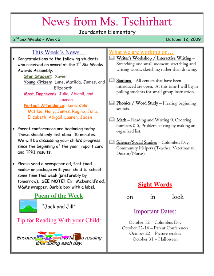 Kindergarten Newsletter in Word and Pdf formats