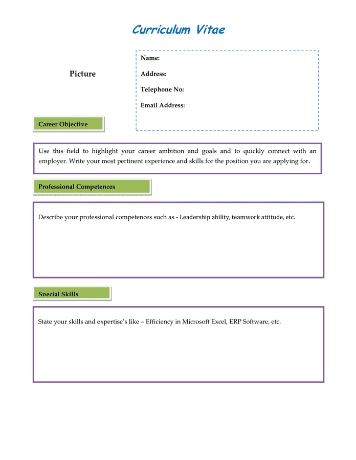 Blank CV template example in Word and Pdf formats