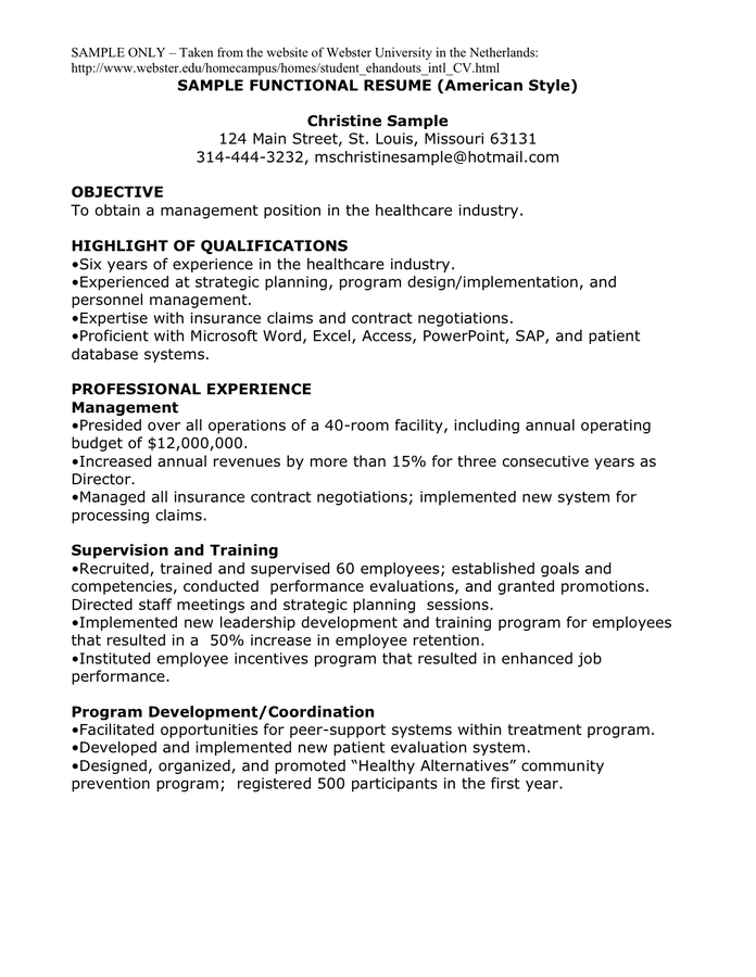 SAMPLE FUNCTIONAL RESUME American Style In Word And Pdf Formats