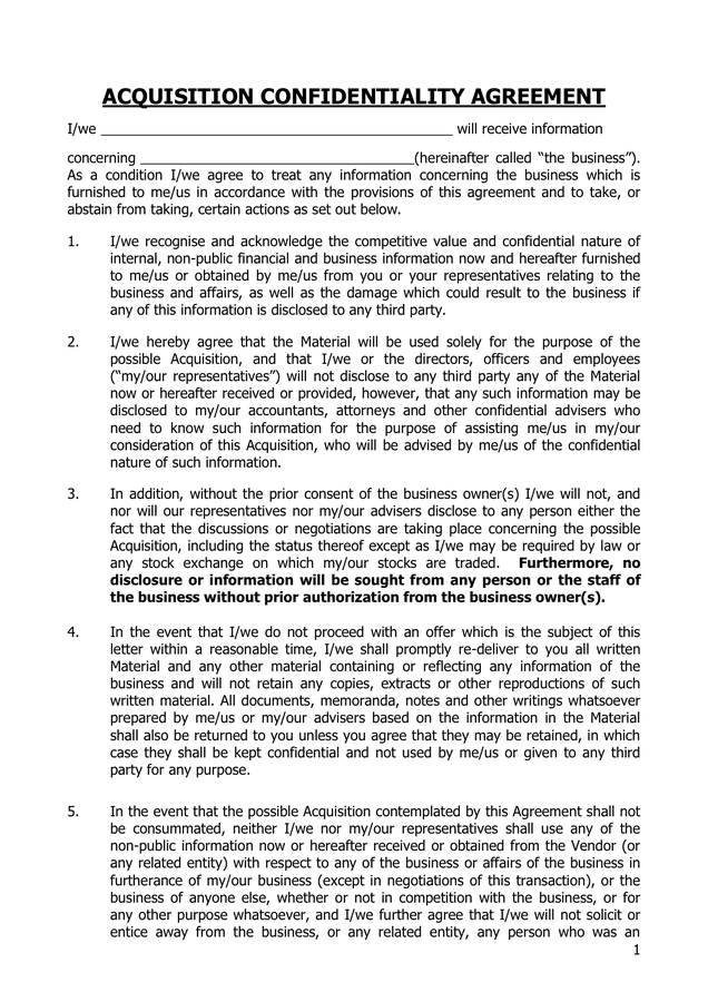 CONFIDENTIALITY AGREEMENT Template in Word and Pdf formats