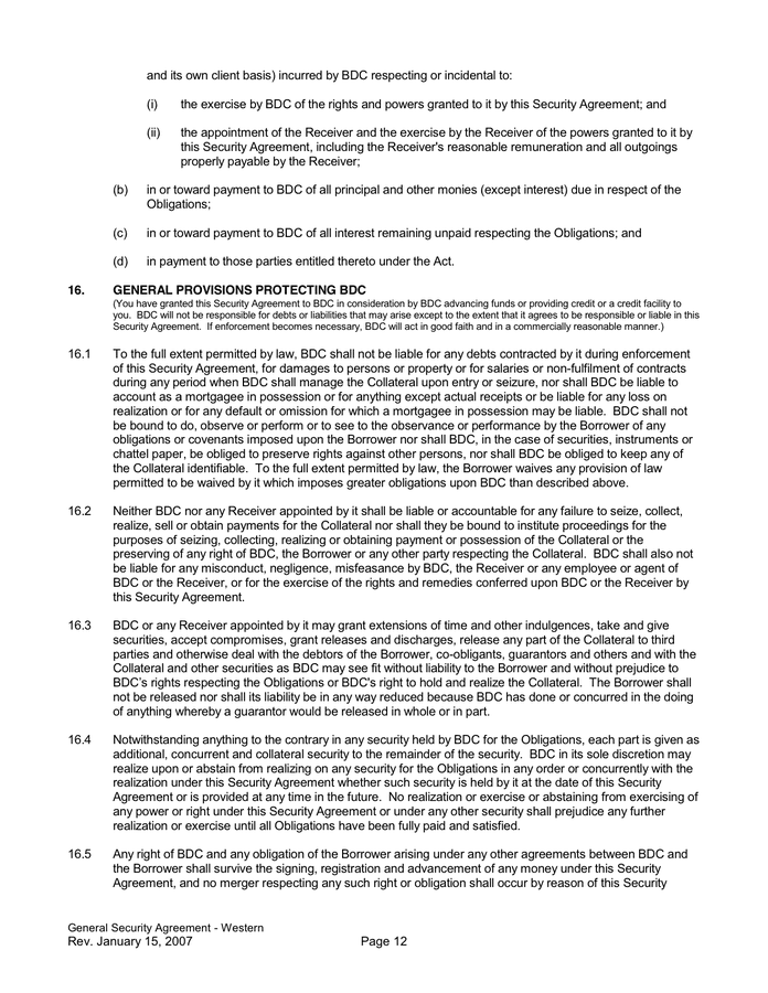 GENERAL SECURITY AGREEMENT in Word and Pdf formats - page 13 of 22