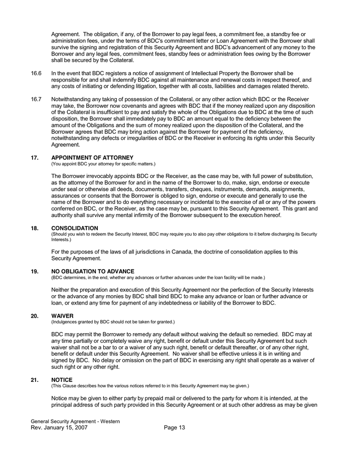 GENERAL SECURITY AGREEMENT in Word and Pdf formats - page 14 of 22