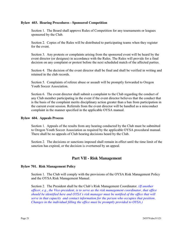 Club Bylaws Template in Word and Pdf formats page 21 of 22