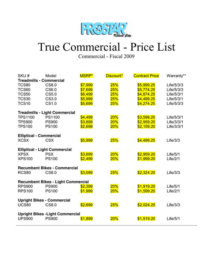 Price list sample in Word and Pdf formats