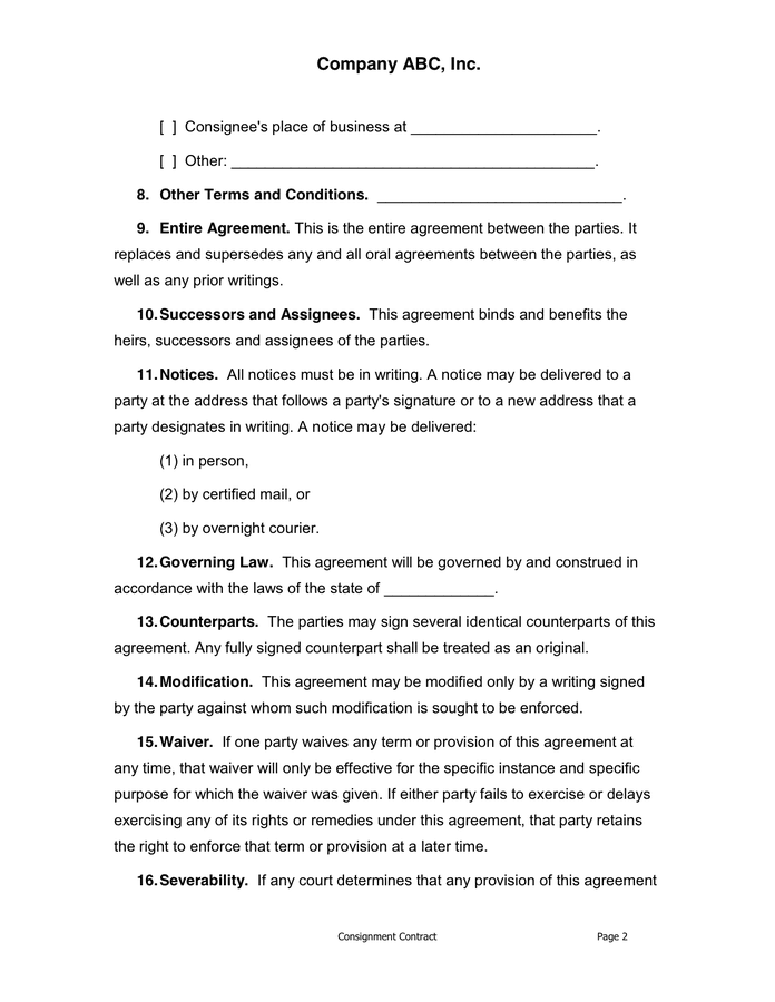 Consignment Contract In Word And Pdf Formats - Page 2 Of 3