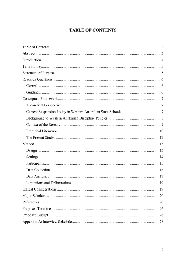 table of contents of research proposal