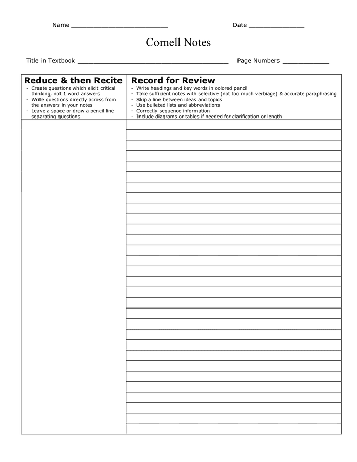 Cornell Notes Template in Word and Pdf formats
