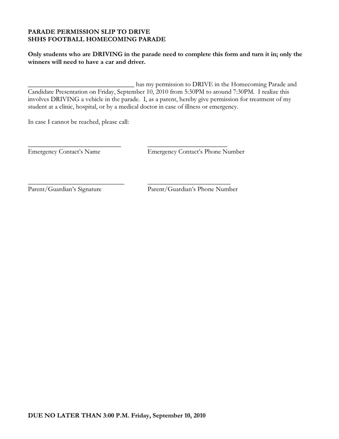 PARADE PERMISSION SLIP in Word and Pdf formats - page 2 of 3