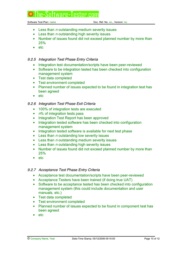Software Test Plan Template in Word and Pdf formats - page 10 of 12