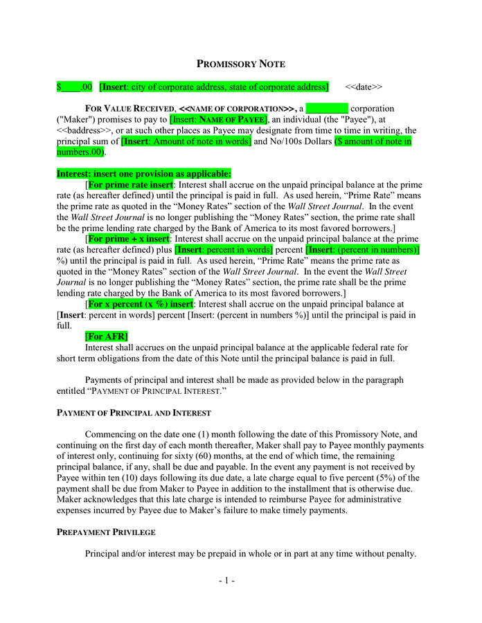 PROMISSORY NOTE Sample in Word and Pdf formats