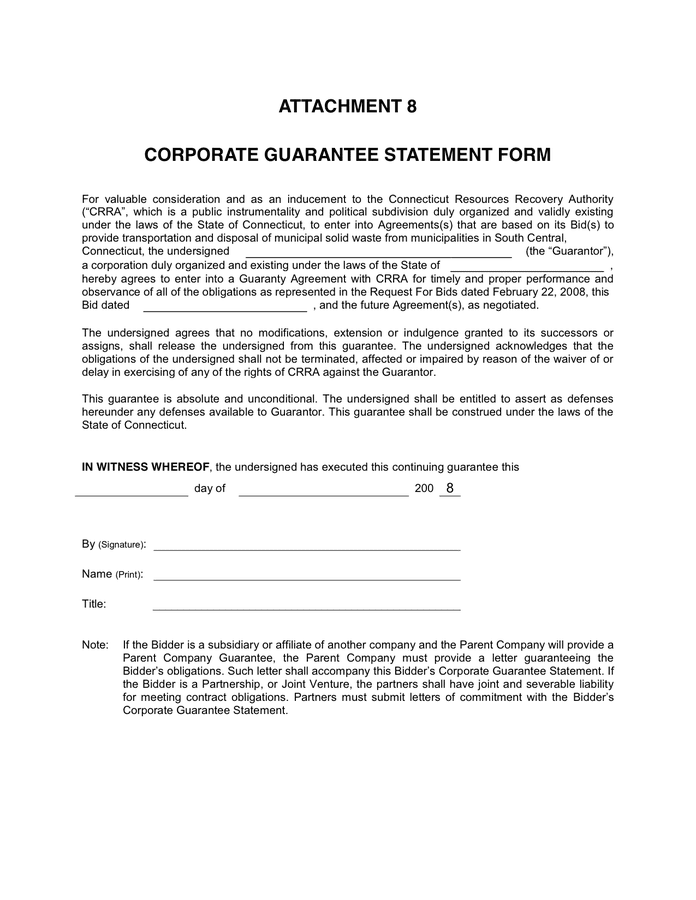 CORPORATE GUARANTEE STATEMENT FORM in Word and Pdf formats