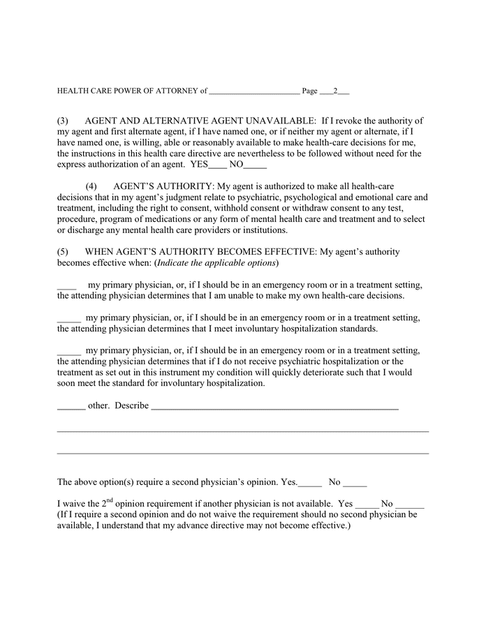 HEALTH CARE POWER OF ATTORNEY in Word and Pdf formats - page 2 of 5