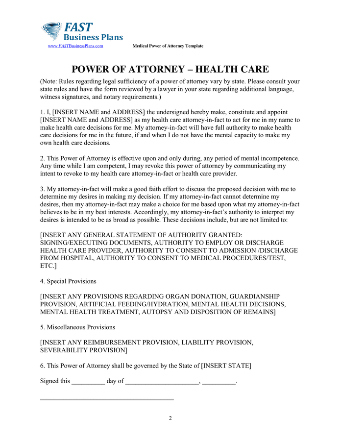 Medical Power of Attorney Template in Word and Pdf formats - page 2 of 3