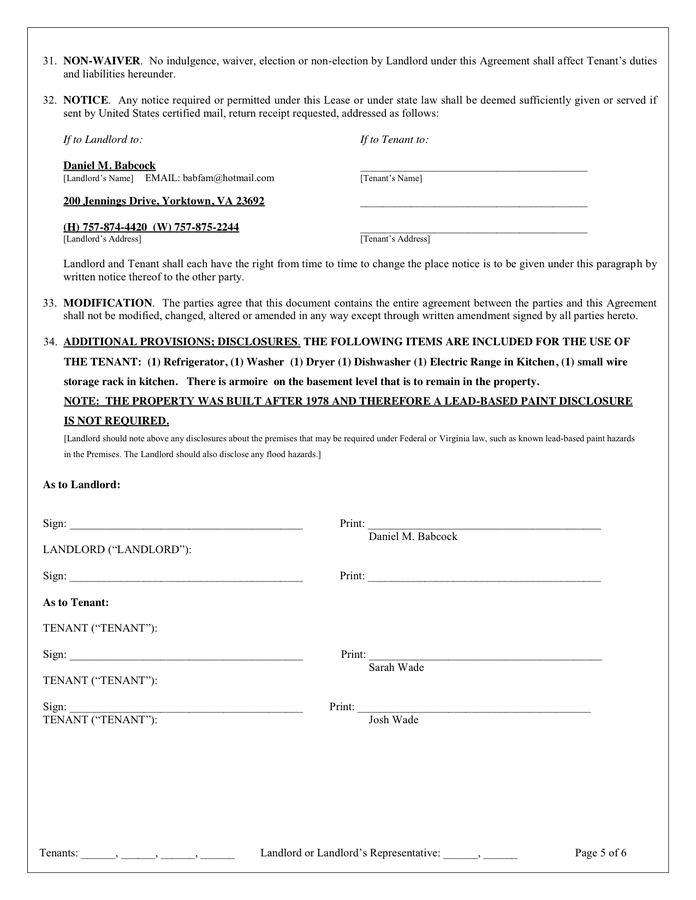 Virginia Residential Lease Agreement in Word and Pdf formats page 5 of 6
