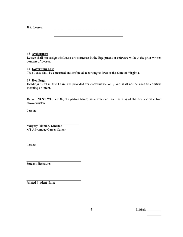 EQUIPMENT LEASE Sample in Word and Pdf formats - page 4 of 4