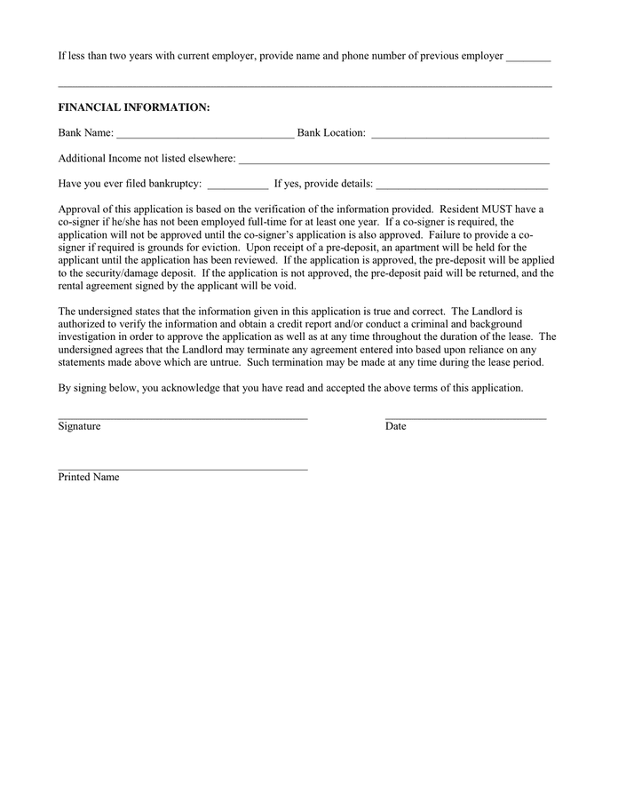 RENTAL APPLICATION Form in Word and Pdf formats - page 2 of 2