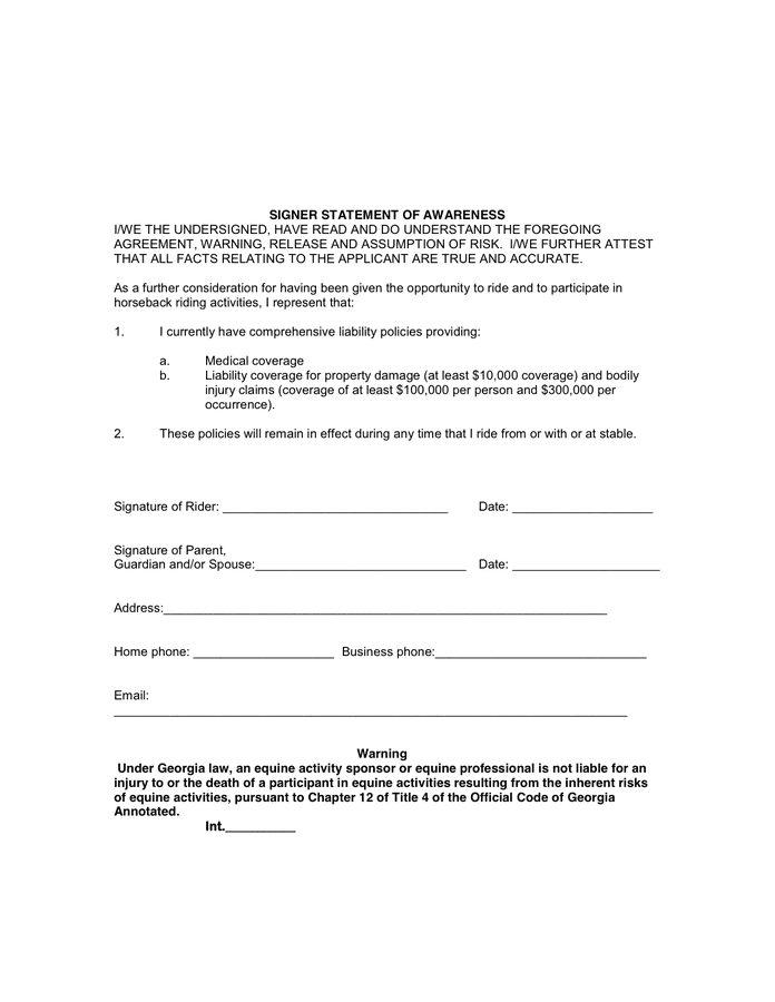 HORSE RIDING AGREEMENT AND LIABILITY RELEASE FORM in Word and Pdf