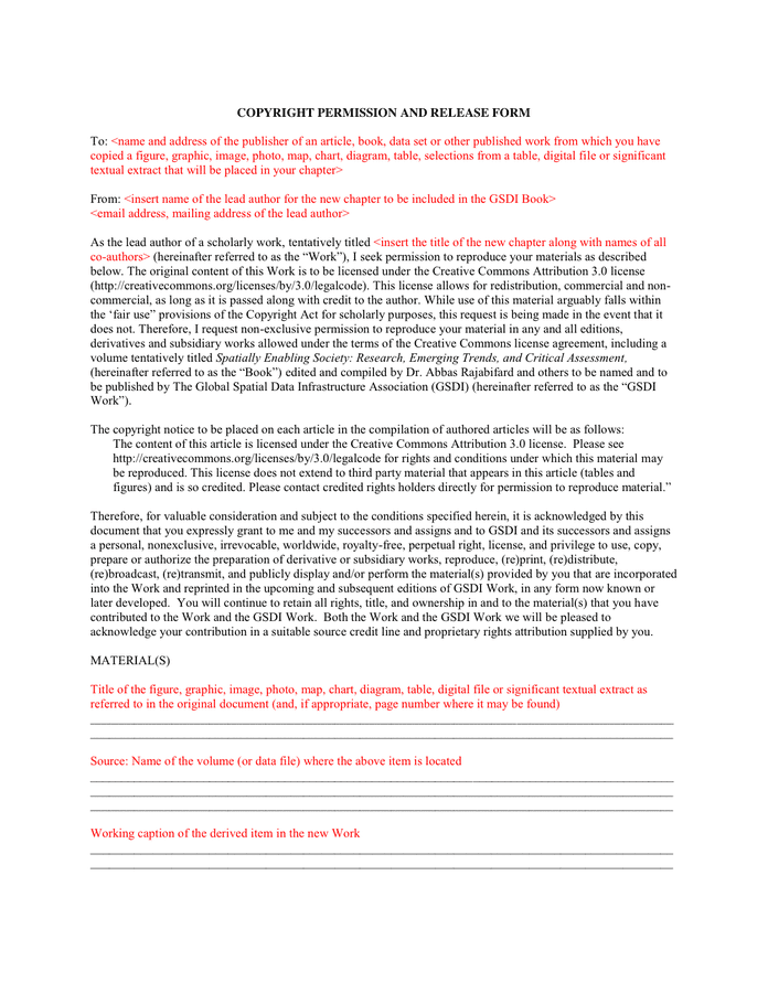 COPYRIGHT PERMISSION AND RELEASE FORM in Word and Pdf formats