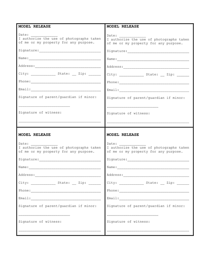 MODEL RELEASE in Word and Pdf formats