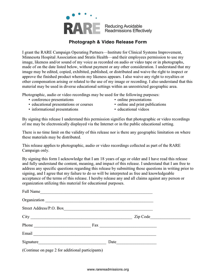 Photo and Video Release Form in Word and Pdf formats
