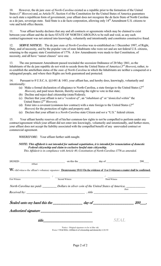 Affidavit of Citizenship and Domicile in Word and Pdf formats - page 2 of 2