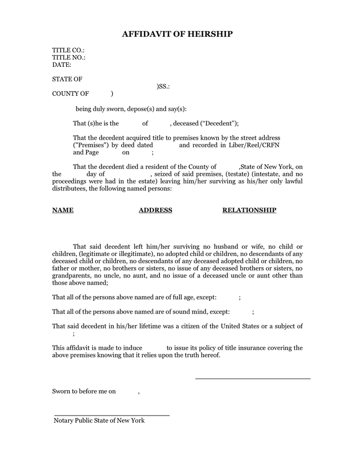 AFFIDAVIT OF HEIRSHIP Form In Word And Pdf Formats