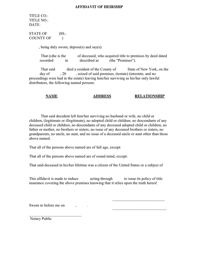 Affidavit Of Heirship Form In Word And Pdf Formats 8874