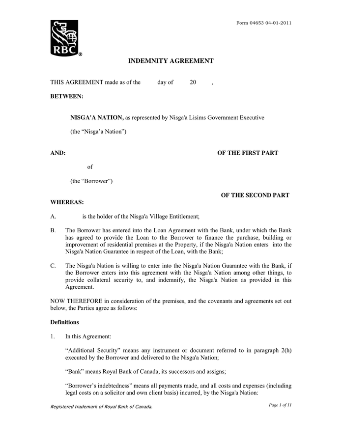 Printable Indemnity Agreement 3573