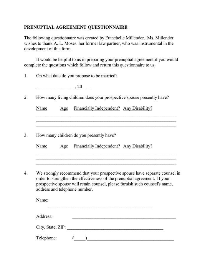 PRENUPTIAL AGREEMENT QUESTIONNAIRE In Word And Pdf Formats