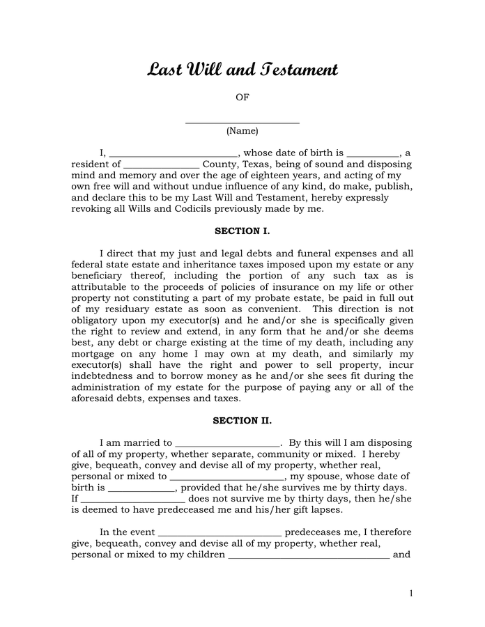 Last Will And Testament In Word And Pdf Formats