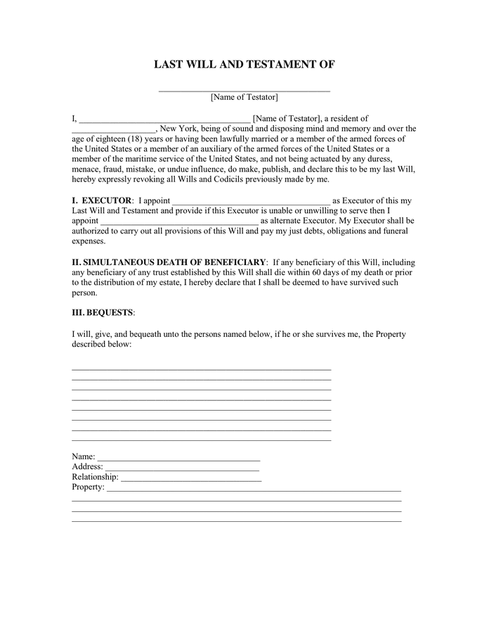 Last Will and Testament Form - download free documents for PDF, Word ...