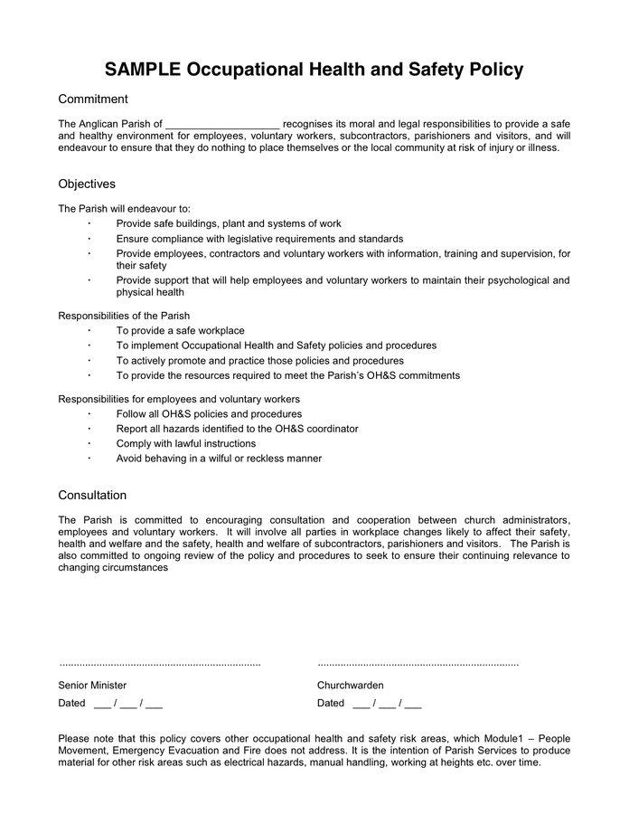 SAMPLE Occupational Health And Safety Policy In Word And Pdf Formats