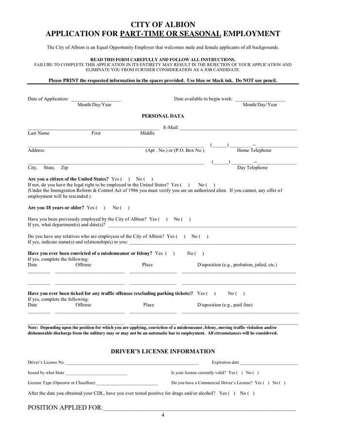 City of Albion Job Application Form in Word and Pdf formats