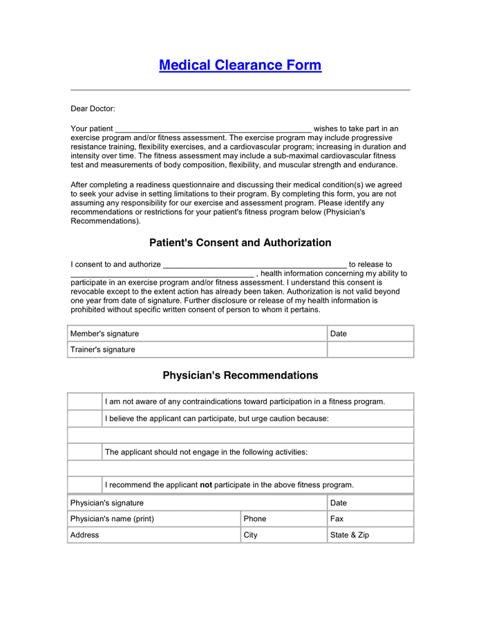 Medical Clearance Form In Word And Pdf Formats