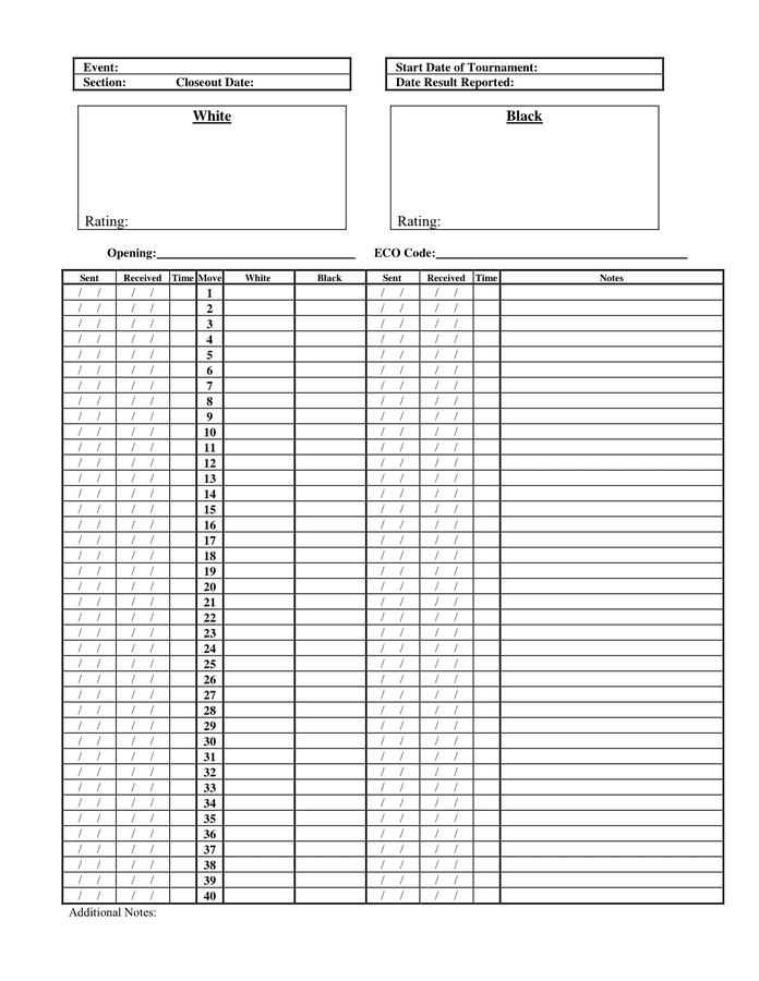 Chess Score Sheet Form in Word and Pdf formats