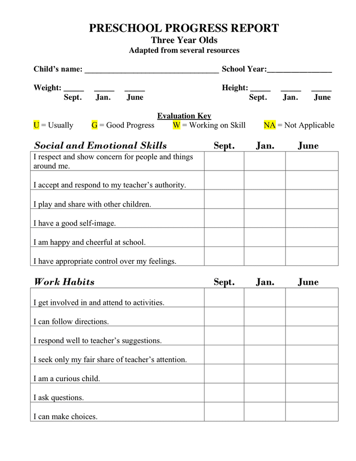 preschool progress report 1 - Kindergarten Report Card Template