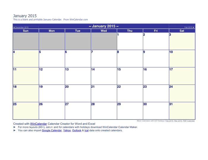 January Calendar 15 In Word And Pdf Formats