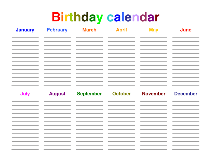 Birthday calendar in Word and Pdf formats