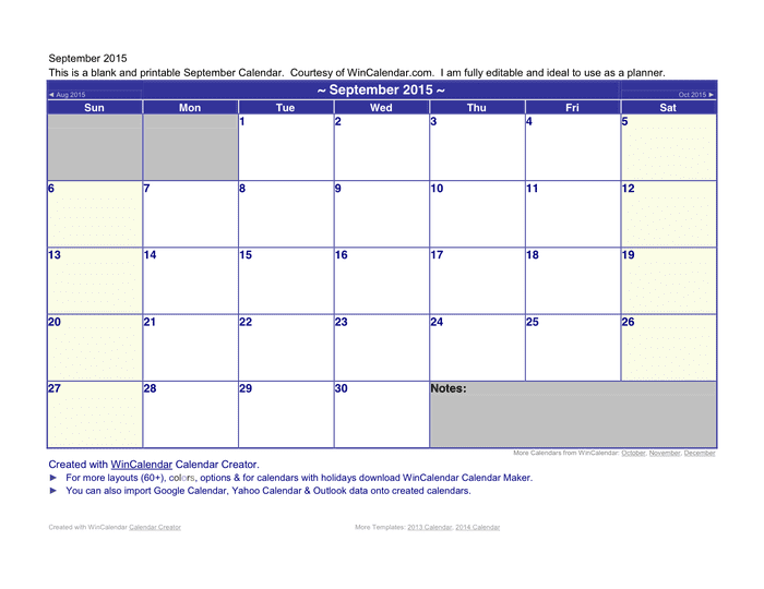 September Calendar 2015 In Word And Pdf Formats
