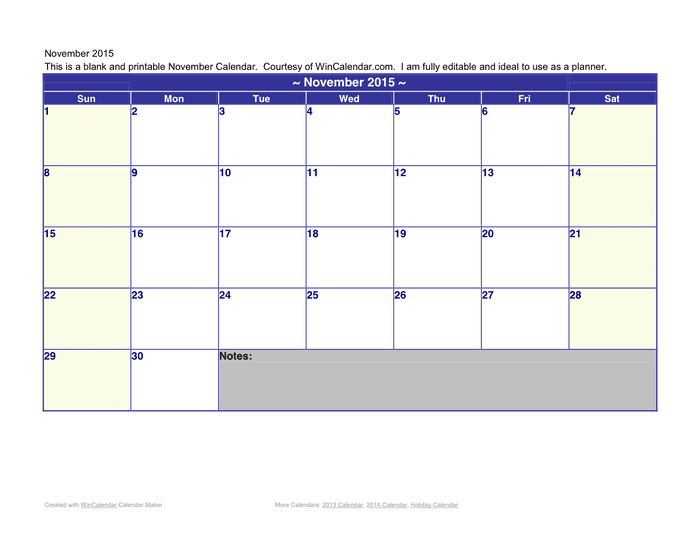 mini calendar 2015 november