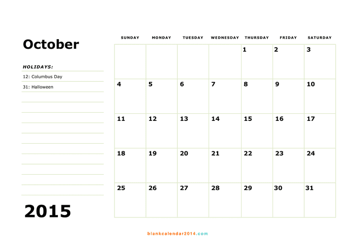 October 15 Calendar In Word And Pdf Formats