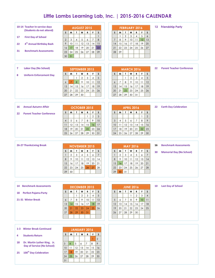 Sample School Calendar in Word and Pdf formats