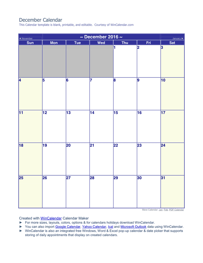 December 2016 Calendar in Word and Pdf formats
