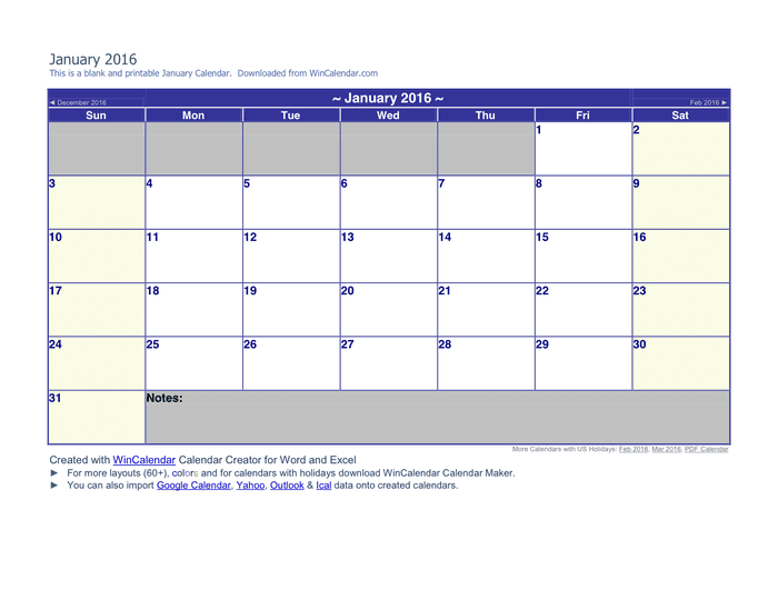 January 2016 Calendar - download free documents for PDF, Word and Excel