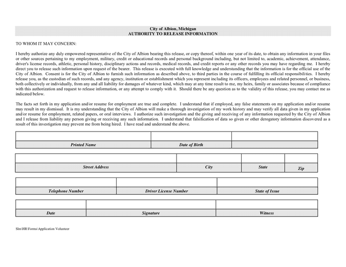 City of Albion Job Application Form in Word and Pdf formats page 2 of 2